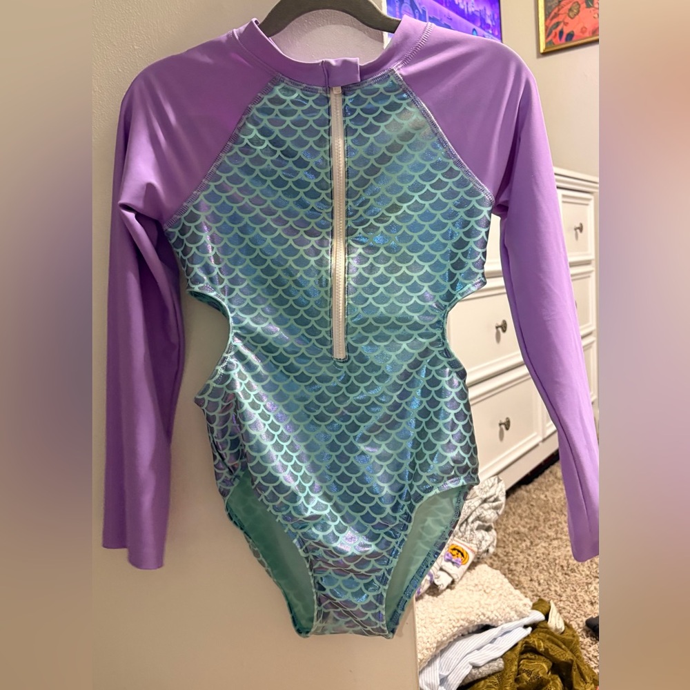 Kids Long Sleeve Mermaid One-Piece Swimsuit - Purple and Aqua